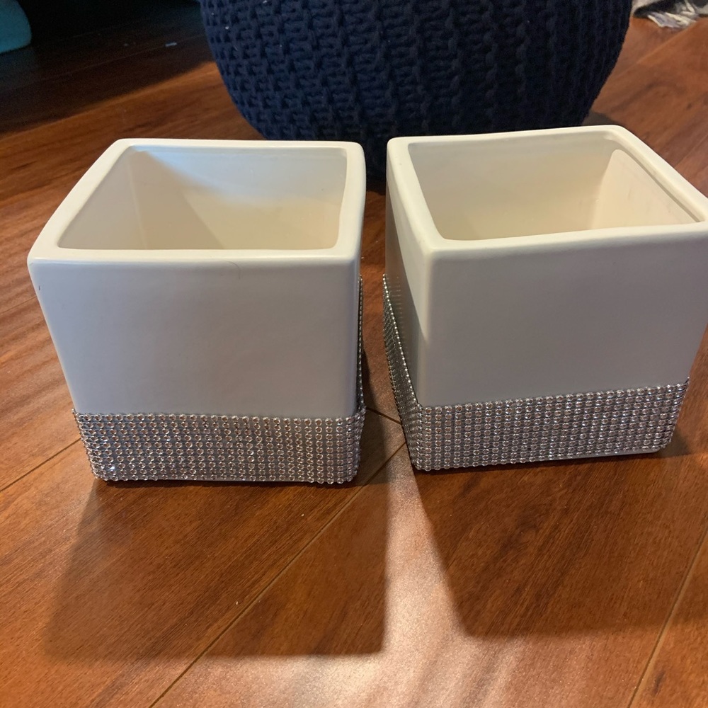 Two White Ceramic Vases with Rhinestones